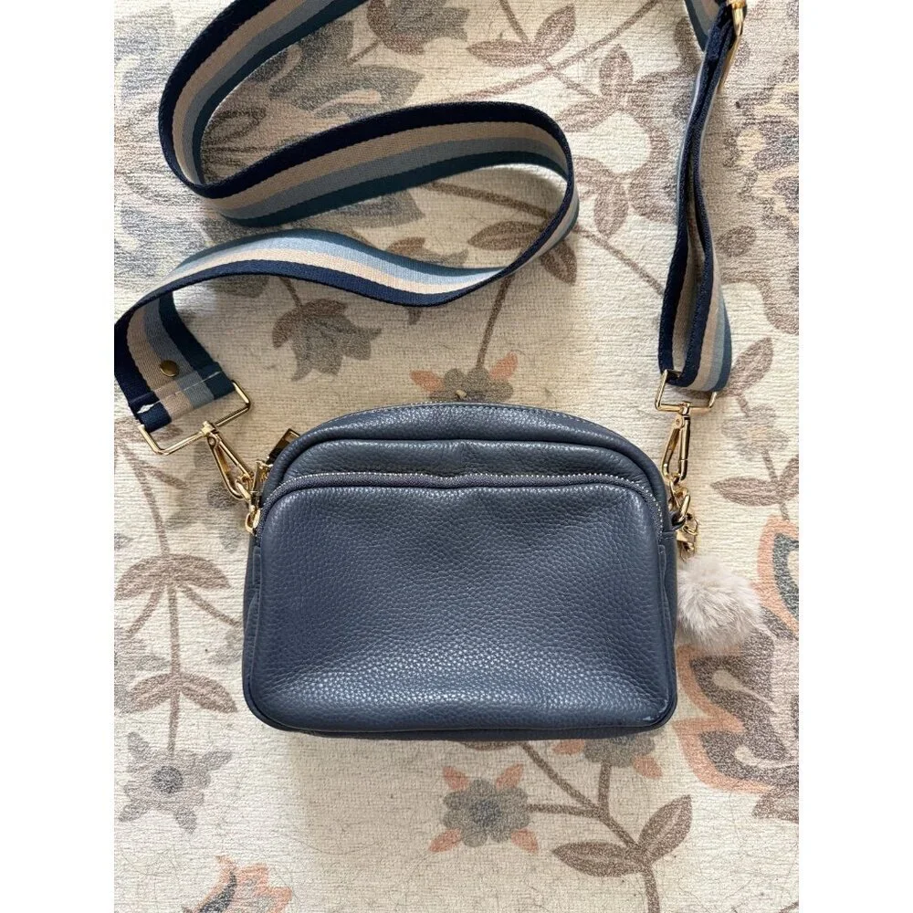 Pom Pom London Original Leather Crossbody Bag In Slate Blue With 2 Straps Small